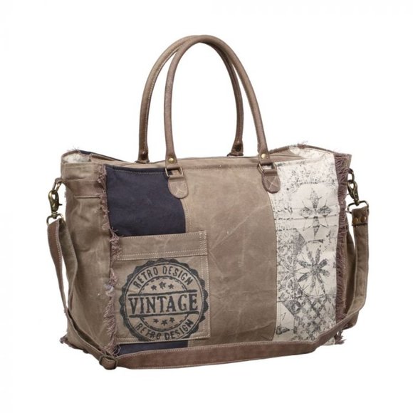 NEW Retro Print Canvas Leather Large Weekender - Picture 3 of 5